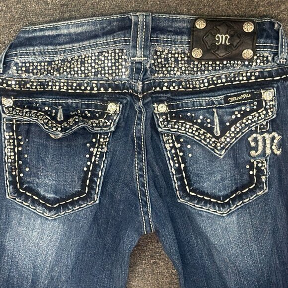 Miss Me Skinny Jeans Womens 28 Bling Rhinestone Flap Pockets Dark Wash Y2K Style - Picture 2 of 4